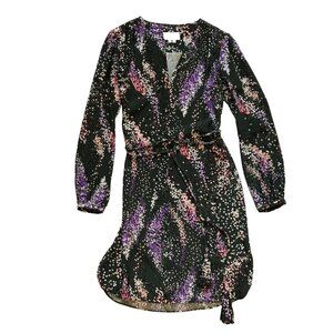 Charlotte Brody Mini Belted Dress Womens XS Black Purple Long Sleeve Silk V-Neck